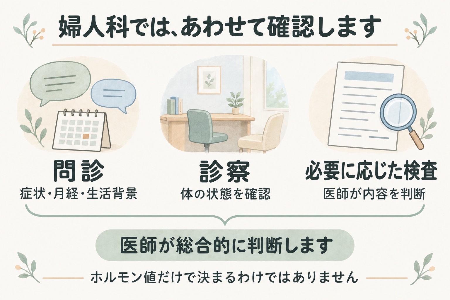 更年期の診断では、問診で症状・月経・生活背景を聞き、診察と必要に応じた検査をあわせて医師が判断する。ホルモン値だけで決まるわけではない。
